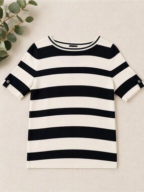 Talbots Black and White Striped Short-Sleeve Knit Top